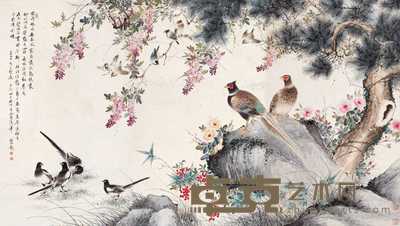 顔伯龙 1939年作 鸟语花香 通景条屏 113×67cm×3